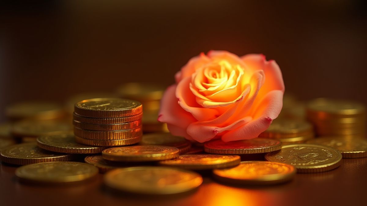 Monedas y una rosa brillante simbolizando premios.